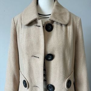 Camel-Colored Women's Pea Coat with Large Black Buttons and Rounded Collar